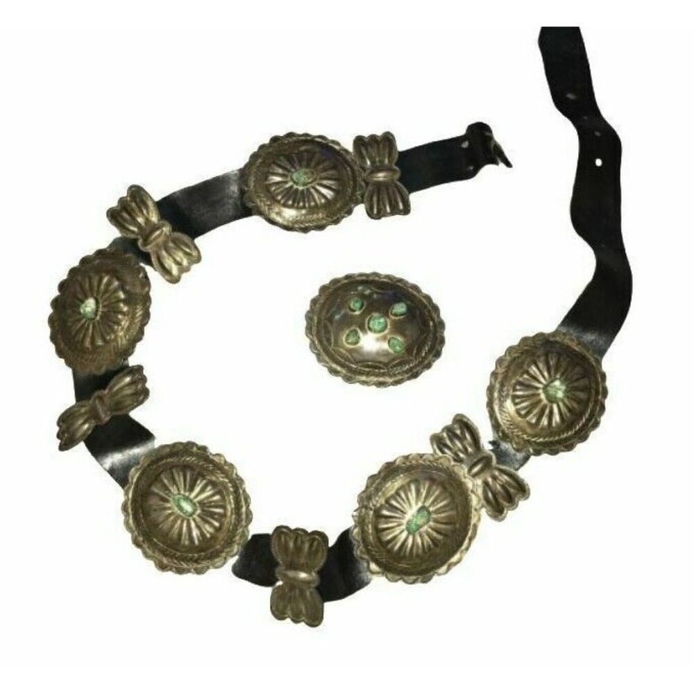 Vintage 1960s Navajo Sterling Stamped Domed Handmade 11 Pc Concho Belt Turquoise - Picture 1 of 12
